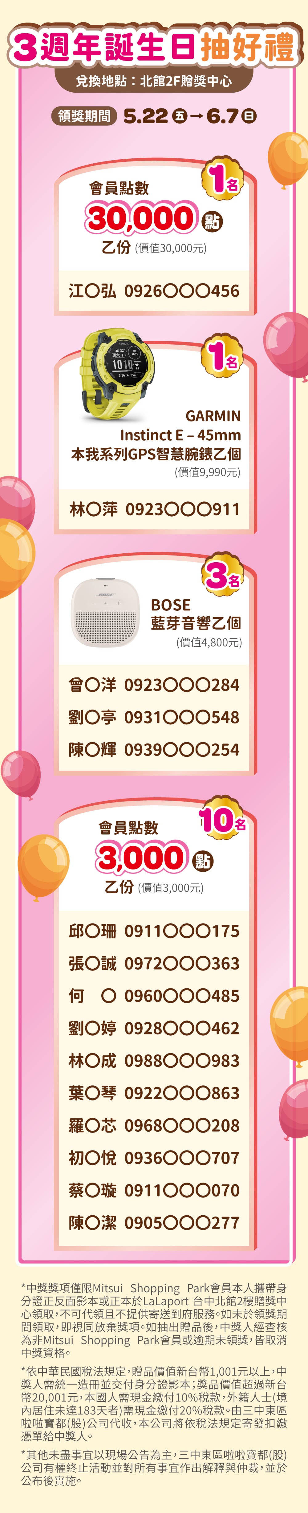 3 FESTA LaLa 生日慶│抽選會中獎公告